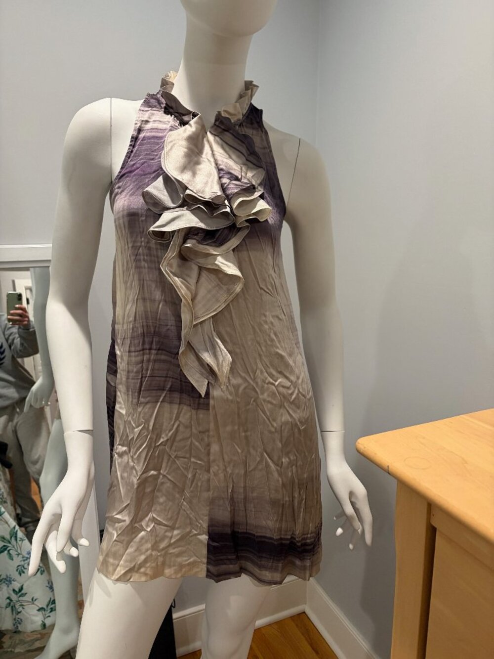 Theory Silk Ruffle Mini Dress Petite P Purple Taupe Ombré Sleeveless
